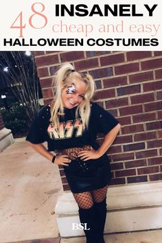 a woman standing in front of a brick wall with her hands on her hips and the words, 28 insanely cheap and easy halloween costumes