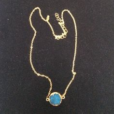 Aqua Marine Natural Stone Druzy Necklace With Gold Setting On 18" Chain Blue Adjustable Clavicle Chain Jewelry, Adjustable Blue Collar Necklace, Blue Necklace With Adjustable Chain For Gift, Blue Necklace With Adjustable Chain As Gift, Adjustable Blue Clavicle Chain Necklace, Blue Charm Necklace With Adjustable Chain, Blue Crystal Round Pendant Necklace For Gift, Blue Crystal Pendant Necklace With Adjustable Chain, Blue Round Pendant Crystal Necklace For Gift