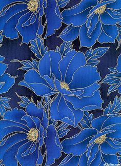 blue flowers on a black background with gold foil in the center and bottom part of the image