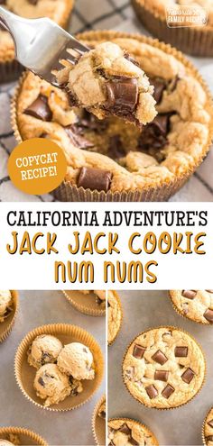 a collage of pictures showing different types of cookies and pies with the title california adventure's jack cookie num nums