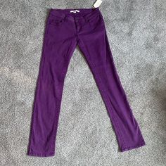 Twelve Purple Skinny Jeans New With Tags! Casual Purple Stretch Jeans, Casual Stretch Purple Jeans, Spring Purple Mid-rise Pants, Boyfriend Jeans Style, Purple Jeans, Tie Front Cardigan, Rayon Pants, Crochet Shirt, Leather Mary Janes