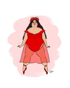 a drawing of a woman in a red dress, with her hands on her hips