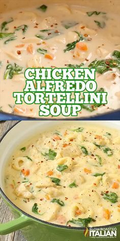 chicken alfredo tortellini soup in a green pot with text overlay that reads chicken alfredo tortellini soup