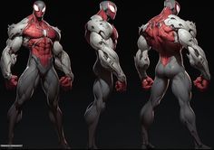 the concept art for spider - man's suit is shown in three different poses