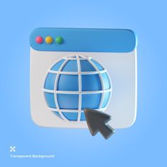 a blue and white button with an arrow pointing to the globe on it's side