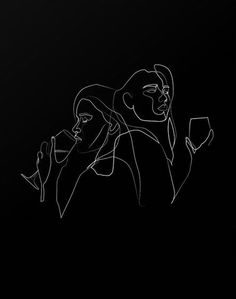 a black and white drawing of two people holding glasses in front of a dark background