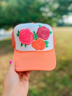 Hand painted floral hats🌸 Sublimation Trucker Hats, Spring Floral Print Cap, Spring Floral Print Hats, One Size Fits Most, Spring Floral Print Hats, Pink 5-panel Trucker Hat For Spring, Hand Painted Hats For Spring, One Size, Spring Orange Trucker Hat One Size, Orange Trucker Cap For Spring, Spring Hand Painted Hats