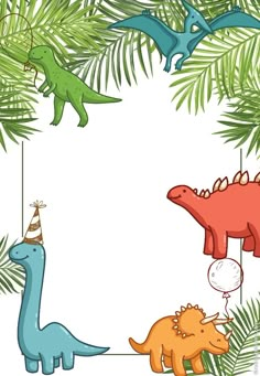 three dinosaurs hanging from a tree with party hats on their heads and balloons in the air