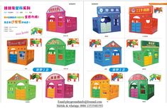 various types of children's play houses in different colors and sizes, with instructions for each