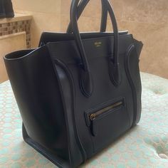 Black Leather Celine Bag With Gold Hardware, Minor Scratches Through Out But Good Condition!! Celine Mini Luggage, Mini Luggage, Celine Bags, Celine Bag, Womens Tote Bags, Gold Hardware, Black Leather, Leather, Gold