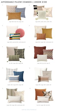 pillows with different colors and patterns on them, all in various shapes and sizes to choose from