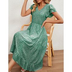 Green V Neck Pleated Chiffon Floral Dress Green Bohemian Floral Print Chiffon Dress, Green Bohemian Chiffon Dress With Floral Print, Green Bohemian Chiffon Dress For Spring, Green Chiffon Dress For Spring, Green V-neck Chiffon Dress For Summer, Spring Green Flowy Chiffon Dress, Green Flowy Chiffon Dress For Spring, Flowy Chiffon Dress For Spring, Flowy Casual Chiffon Dress For Spring