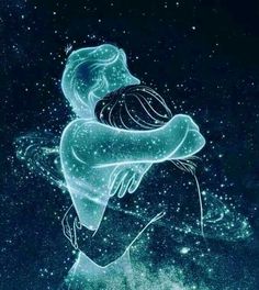 a couple kissing under the stars in the night sky with their arms around each other