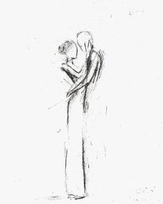 a black and white drawing of two people hugging