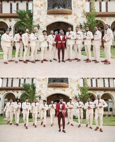 the men are dressed in white suits and red ties, posing for pictures outside their home