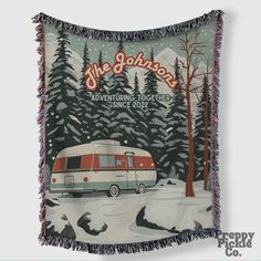 an old fashioned camper is featured on the cover of this throw - back blanket