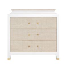 a white dresser with two drawers and gold hardware on the bottom drawer, against a white background