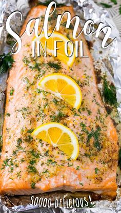 salmon fillets on foil with lemons and parsley in the background text overlay says salmon in oil