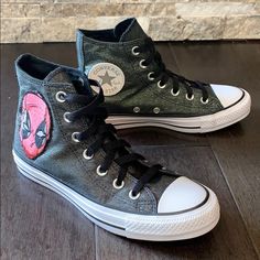 Very Cool Pair Of Custom Deadpool Converse All Star Sneakers - Size 6.5 Women’s - Metallic Silver & Black Color Way With Red Deadpool - Brand New - Never Worn - Custom Deadpool Patch Was Stitched On Professionally - Great For Deadpool Lovers Please Check Out All The Photos For Details And Feel Free To Ask Any Questions. Thank You For Looking And Happy Poshing. Deadpool Converse, Deadpool Shoes, Converse Shoes Custom, Silver Converse, All Star Sneakers, Custom Converse, Star Sneakers, Womens Converse, Converse All Star