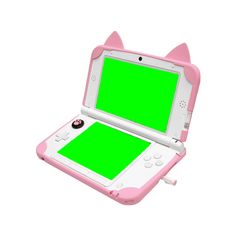 a pink and white electronic device with a green screen in the shape of a cat