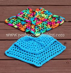 two crocheted scrubcloths sitting on top of a wooden table