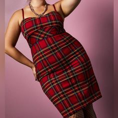 Approximate Measurements: Bust 24" Empire Waist 21" Hips 24" Length With Adjustable Straps 44" Fitted Plaid Dresses With Spaghetti Straps, Fitted Plaid Dress For Night Out, Fitted Plaid Dress For Date Night, White Spaghetti Strap Dress, Skater Skirt Dress, Red Lace Midi Dress, Flowy Floral Dress, Three Quarter Sleeve Dresses, Strapless Bodycon Dress