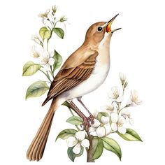 a bird sitting on top of a branch with white flowers in it's beak