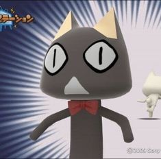 an animated cat with a red bow tie standing in front of another character wearing a white shirt