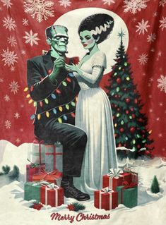 an old fashioned christmas card with a man and woman