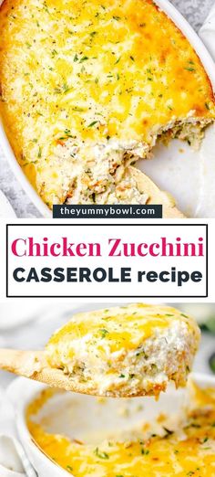 chicken zucchini casserole recipe in a white dish with a wooden spoon