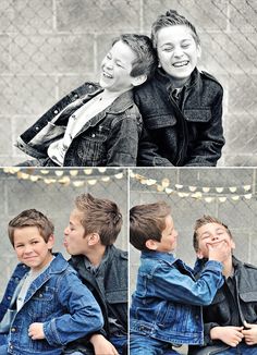 two young boys sitting next to each other on a bench and smiling at the camera