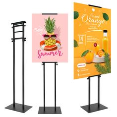 two signs with fruit on them and one is advertising orange juice, the other has pineapples