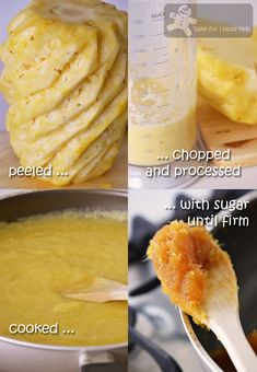 four pictures showing how to make pancakes