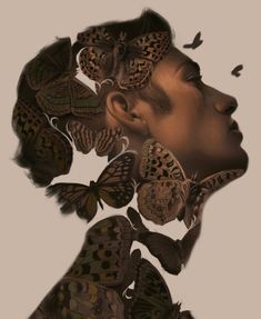 a woman's face surrounded by butterflies in the shape of her head and shoulders