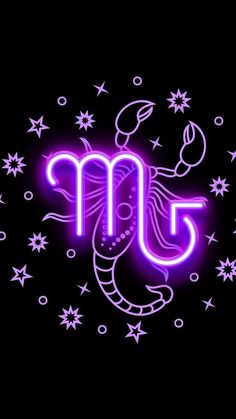 the zodiac sign is illuminated in purple neon lights