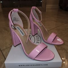 Brand New Patent Barbie Pink Shade Size 7 4" Inch Heel Modern Pink Patent Leather Heels, Modern Pink Heels With Stacked Heel, Pink Patent Leather Block Heels, Steve Madden Sandals Heels, Peach Heels, Red Strappy Heels, Gold Strappy Heels, Formal Heels, Black Patent Heels