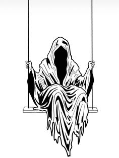 a black and white drawing of a person sitting on a swing with their hands in the air