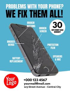 an advertisement for a cell phone repair company with the words, we fix them all