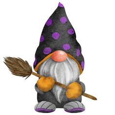 an image of a gnome with a broom on his back and purple polka doted hat