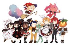 many anime characters are standing together in front of a white background with pumpkins and witches