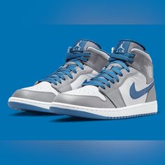 Welcome To Hypestockpile’s Poshmark Closet! All Our Products Are 100% Authentic Guaranteed. Item Details: Brand: Nike Air Jordan *** Size 11 Box Is Damaged Item Name: Air Jordan 1 Mid True Blue Color: Cement Grey/White-True Blue Style Code: (Men Dq8426 014) (Gs/Youth Dq8423 014) Year Of Release: 2022 Condition: Brand New With Original Box (Unworn/Deadstock) And Tags If Applicable. The Cardboard Shoebox May Have Minor Damage From Storage And Shipment. The Shoes Are New And Unaffected. Size: Pleas Jordan 1 Gray And Blue, Air Jordan 1 Mid Grey, Nike Air Jordan Shoes, White Shoes Men, Blue Jordans, Unique Sneakers, Nike Air Jordan 1 Mid, Jordan 13 Retro, Nike Air Jordans