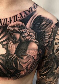 a man's chest with an angel and cross tattoo on his left side, next to a clock