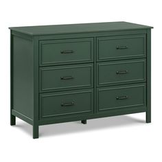 a green dresser with four drawers and two doors on one side, in front of a white background