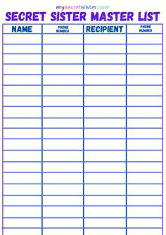 a printable sign up sheet with the words secret sister master list in red and blue