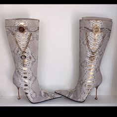 Brand New With Tags Never Been Worn Python Snake Hand Printed With Gold Flake Excellent Used Condition High End Items For Less Pointed Tips Made In Italy Elegant Silver Snip Toe Boots, Luxury Snip Toe Evening Boots, Luxury Snip Toe Boots For Evening, Designer Snip Toe Boots For Party, Luxury Snip Toe Boots For Galas, Luxury Party Boots, Elegant Gold Formal Boots, Designer Gold Pointed Toe Boots, Luxury Gold Boots