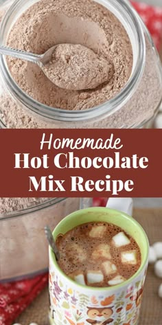 homemade hot chocolate mix recipe in glass jar with spoon, mug of hot cocoa with marshmallows Easy Homemade Hot Chocolate, Christmas Beverages, Diy Hot Chocolate