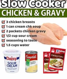 an advertisement for chicken and gravy with the text slow cooker chicken & gravy