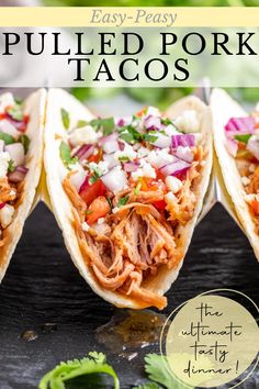 Pulled Pork Tacos in a soft tortilla topped with salsa and onion