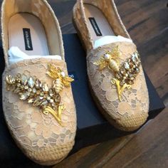 New Authentic Dolce And Gabbana Embellished Espadrilles Size 37. Comes With Box And Dust Bag And Card. Worn Once Inside Home Elegant Flat Espadrilles, Elegant Summer Espadrilles, Elegant Slip-on Espadrilles For Beach, Elegant Beach Slip-on Espadrilles, Elegant Flat Espadrilles For Summer, Dolce Gabbana Shoes, Shoes Sale, Shoe Sale, Espadrilles