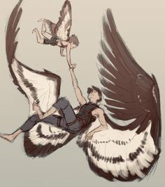 a drawing of two people flying through the air with wings spread out and one person holding an object in his hand